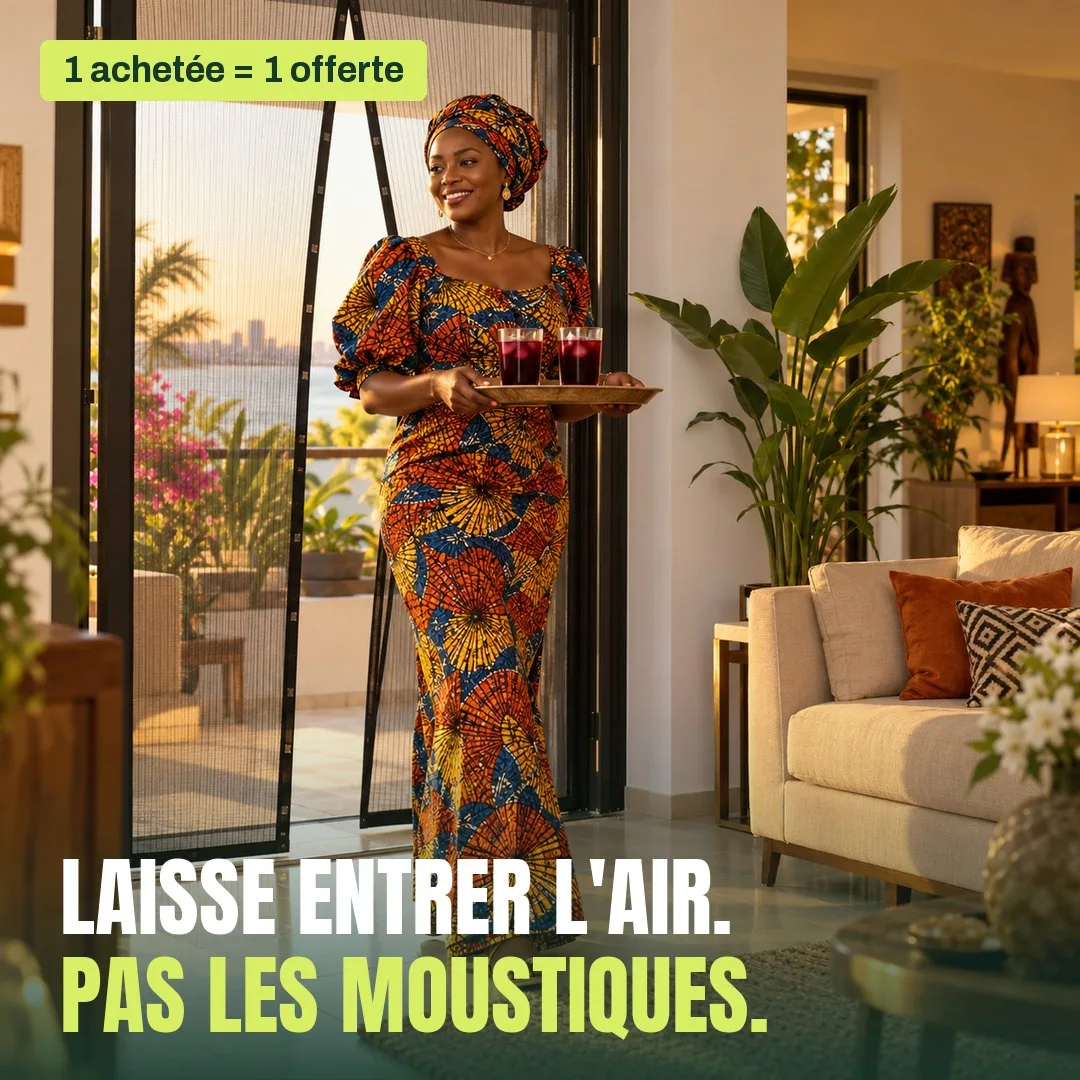 Une femme passe avec un plateau, la moustiquaire magnétique se referme derrière elle