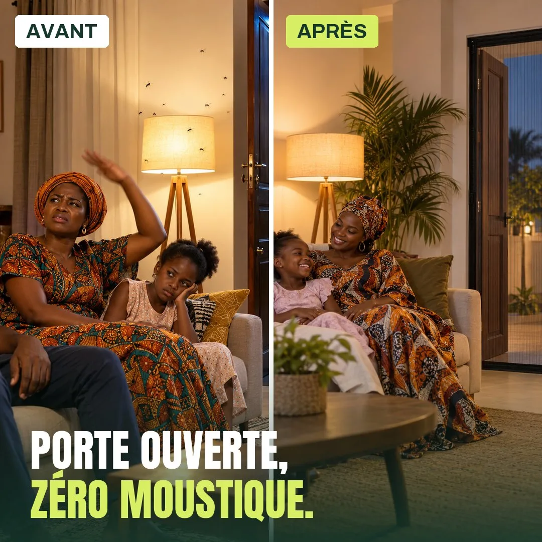 Avant : porte ouverte et moustiques ; après : même porte avec la moustiquaire, famille sereine
