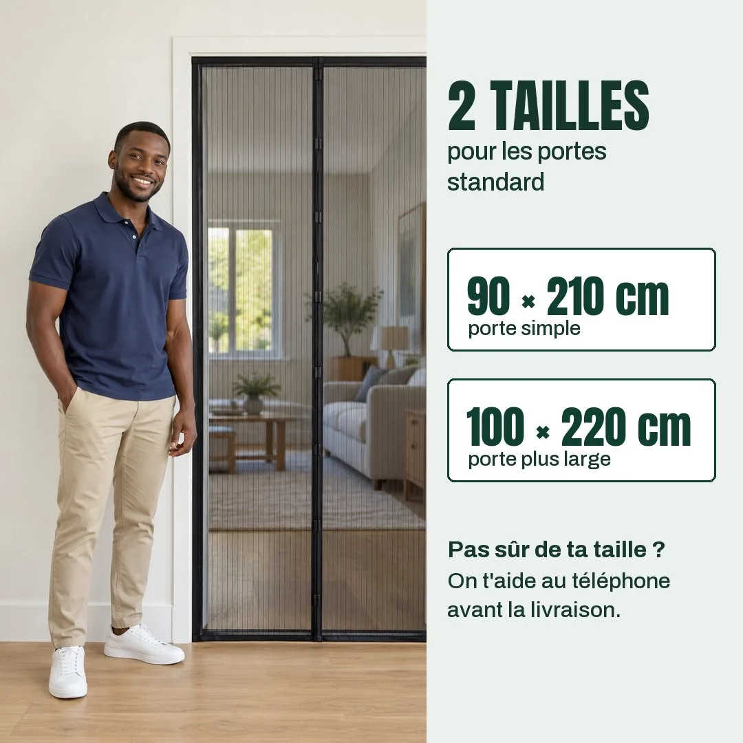 Porte équipée à côté d'un homme, pour l'échelle ; deux tailles : 90 × 210 cm et 100 × 220 cm