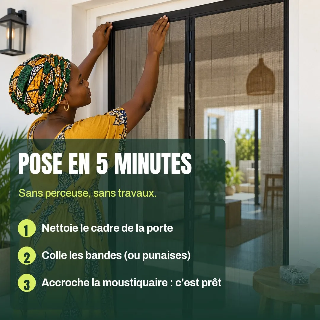 Mains qui fixent le haut de la moustiquaire sur le cadre de porte