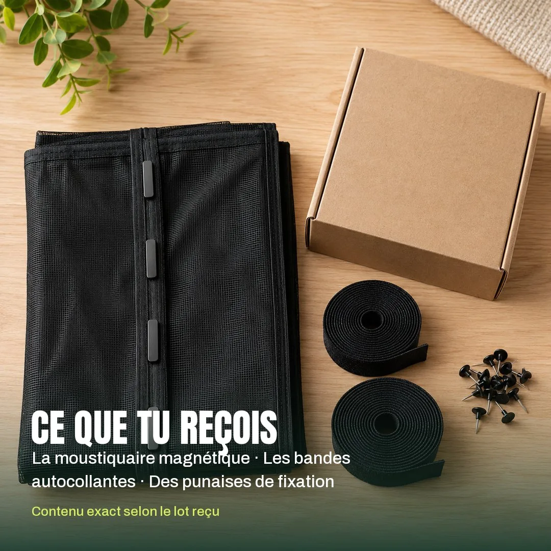 Contenu du colis : moustiquaire pliée, bandes autocollantes, punaises